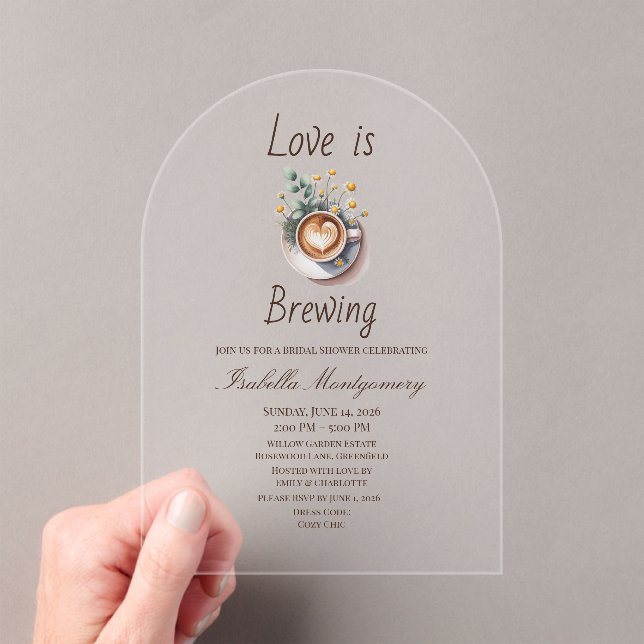Love Is Brewing Cozy Espresso Bridal Shower Acrylic Invitations (Insitu (Handheld))
