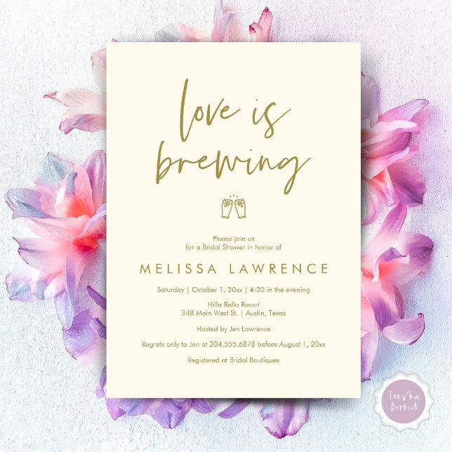 Love is brewing, Elegance Bridal Shower Beer Party Invitation (Love is brewing, Modern Elegance Bridal Shower Beer Party Invitation Card, PDF, in Yellow Gold)