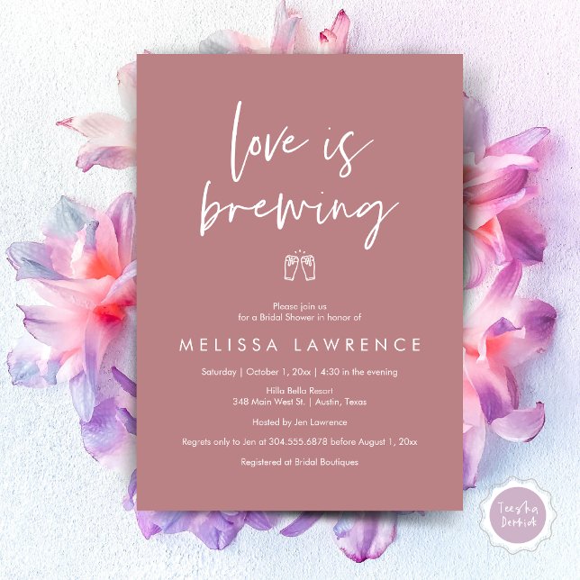 Love is brewing, Elegance Bridal Shower Beer Party Invitation (Love is brewing, Modern Elegance Bridal Shower Beer Party Invitation Card, PDF, in Dusty Rose Pink)