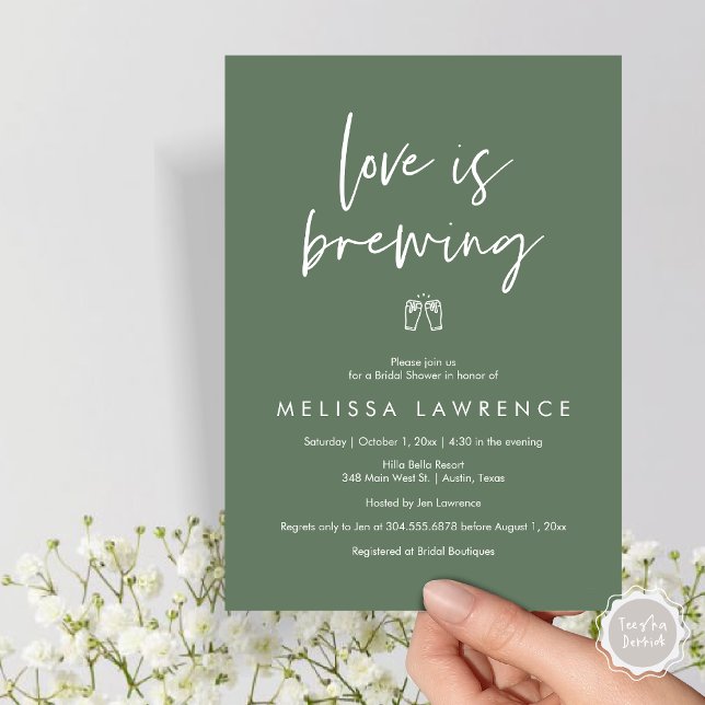 Love is brewing, Elegance Bridal Shower Beer Party Invitation (Love is brewing, Modern Elegance Bridal Shower Beer Party Invitation Card, PDF, in Forest Sage Green)