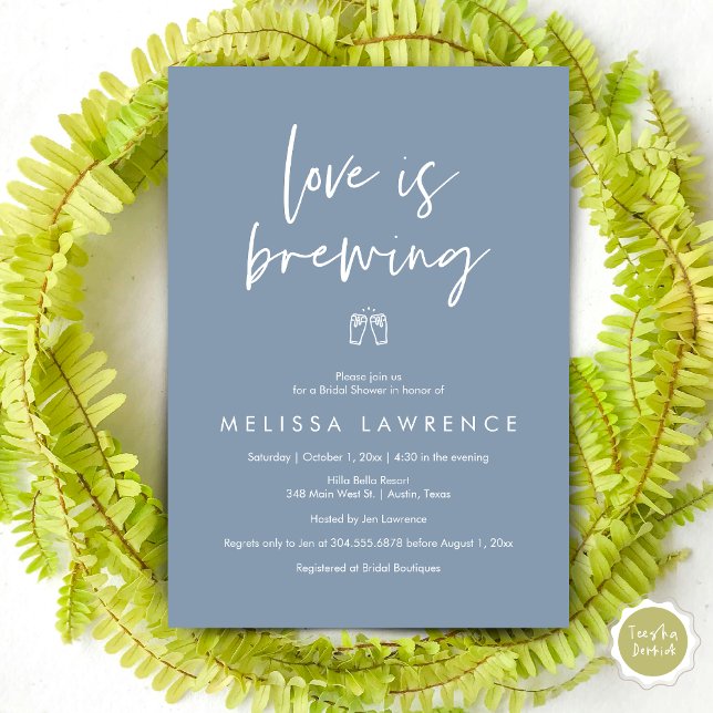 Love is brewing, Elegance Bridal Shower Beer Party Invitation (Love is brewing, Modern Elegance Bridal Shower Beer Party Invitation Card, PDF, in Dusty Blue)