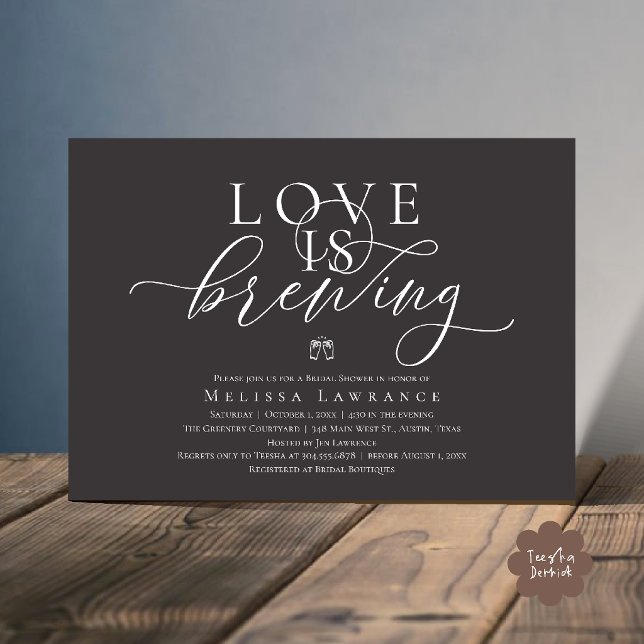 Love Is Brewing Elegant Script Bridal Shower Invitation (Love Is Brewing Modern Classy Elegant Script Bridal Shower Invitation Card in Charcoal Grey)