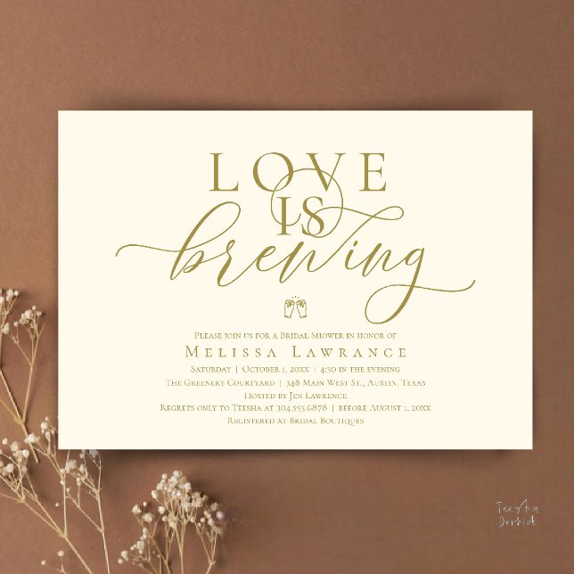 Love Is Brewing Elegant Script Bridal Shower Invitation (Love Is Brewing Modern Classy Elegant Script Bridal Shower Invitation Card in Cream Gold Yellow)