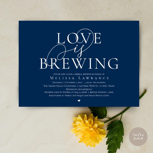Love Is Brewing Elegant Script Bridal Shower Invitation (Love Is Brewing Elegant Script Bridal Shower Invitation Card Beer Wine Bar in Navy Blue)