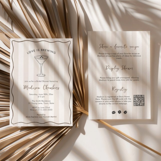 Love Is Brewing Espresso Martini Bridal Shower Invitation (Love Is Brewing Espresso Martini Social club bridal shower double-sided invitation with QR code)