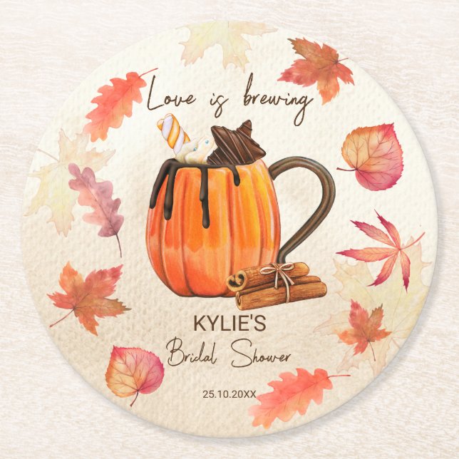 Love is brewing fall bridal shower favours custom round paper coaster (Front)