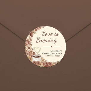 Love is Brewing Floral Coffee Heart Bridal Shower Classic Round Sticker