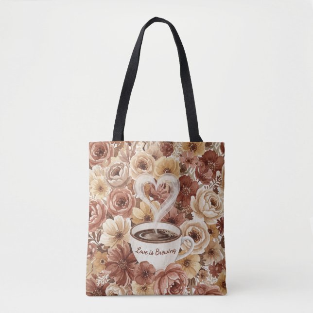 Love is Brewing Floral Coffee Heart Bridal Shower Tote Bag (Front)