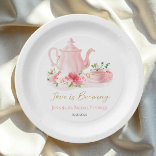 Love is Brewing   Gilded Pink Bridal Shower Paper Plate