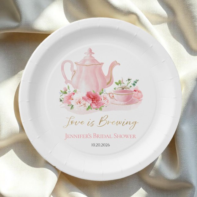 Love is Brewing | Gilded Pink Bridal Shower Paper Plate (Creator Uploaded)
