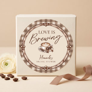 Love Is Brewing Gingham Coffee Bridal Shower Classic Round Sticker