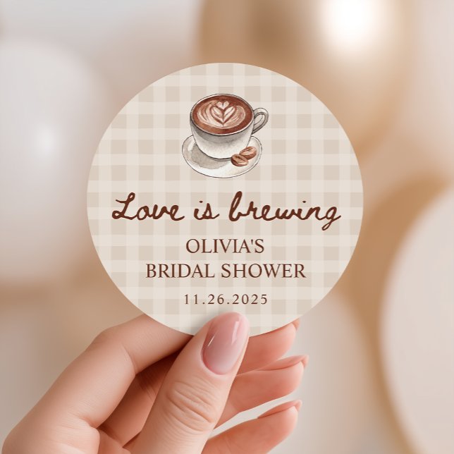 Love is Brewing Gingham Coffee Bridal Shower Favor Classic Round Sticker (Creator Uploaded)