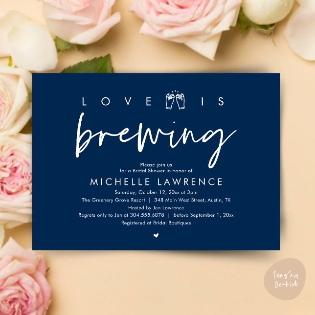 Love is brewing, Gorgeous Bridal Shower Beer Party Invitation (Love is brewing, Gorgeous Bridal Shower Beer Party modern Invitation card pdf in navy blue)