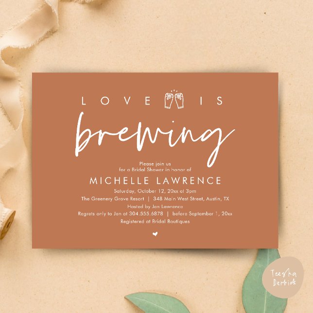 Love is brewing, Gorgeous Bridal Shower Beer Party Invitation (Love is brewing, Gorgeous Bridal Shower Beer Party modern Invitation card pdf in copper brown)