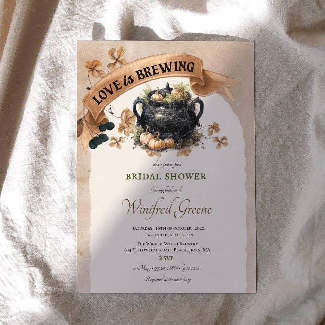Love is Brewing Halloween Bridal Shower Invitation (Love is Brewing Halloween bridal shower invitation. Witch fall bridal shower, cottage core)