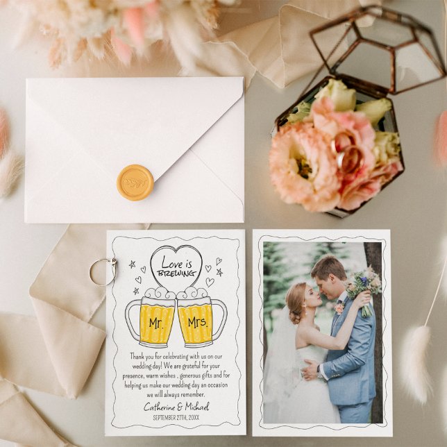 Love Is Brewing Hand Drawn Beer Glasses Wedding Thank You Card (Creator Uploaded)