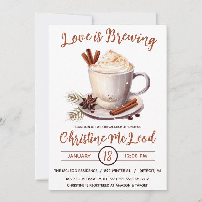 Love is Brewing, Hot Cocoa, Coffee, Bridal Shower Invitation (Front)