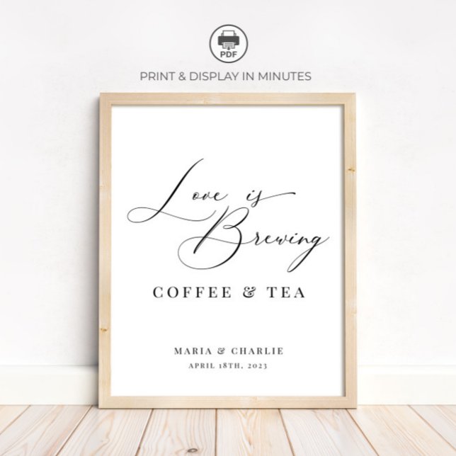 Love is Brewing Modern Black Wedding Coffee Tea Poster (Creator Uploaded)