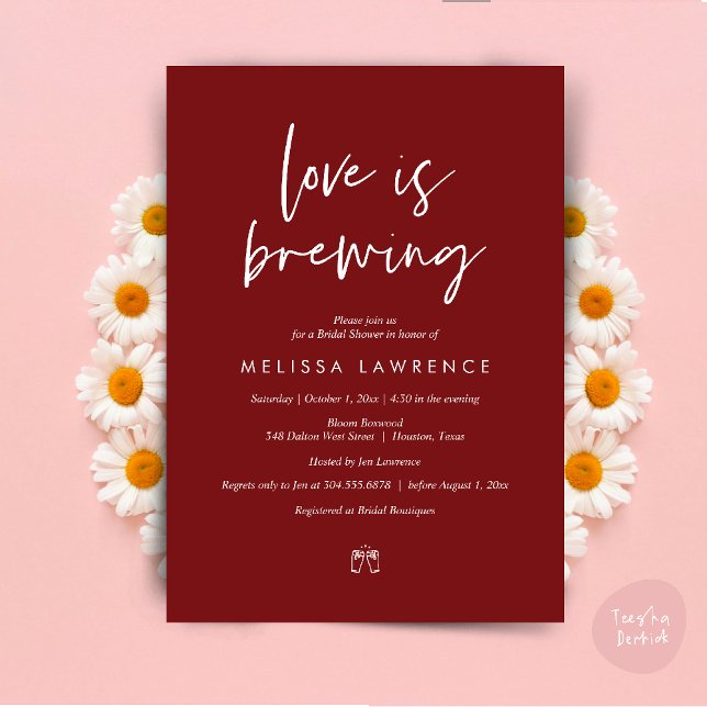 Love is brewing, Perfect Bridal Shower Beer Party Invitation (Love is brewing, Perfect Bridal Shower Beer Party Invitation Card PDF Burgundy Wine Red)