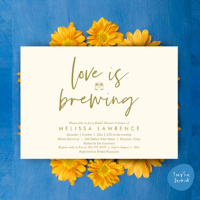 Love is brewing, Perfect Bridal Shower Beer Party Invitation (Love is brewing, Perfect Bridal Shower Beer Party Invitation Card PDF Yellow Gold)