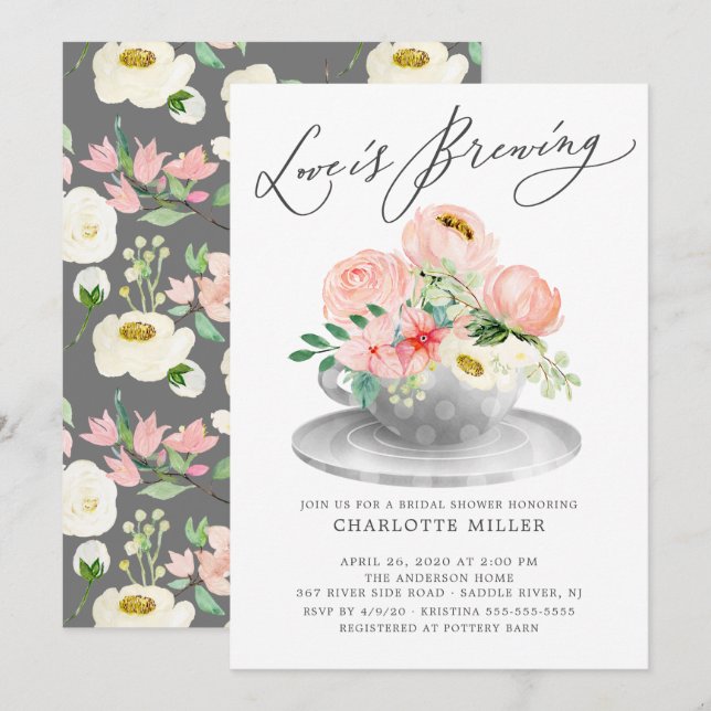 Love is Brewing Pink Floral Bridal Tea Shower Invi Invitation (Front/Back)