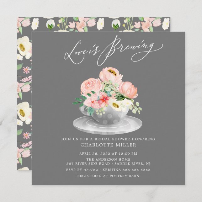 Love is Brewing Pink Floral Bridal Tea Shower Invi Invitation (Front/Back)