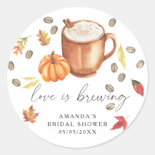 Love is brewing Pumpkin Coffee Bridal shower Classic Round Sticker