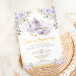 Love is Brewing Purple Flower Bridal Shower Tea Invitation<br><div class="desc">Tea party themed bridal shower invite. Click the "customise further" button if you wish to re-arrange and format the style and placement of the text. Comes with a matching floral pattern backside.</div>