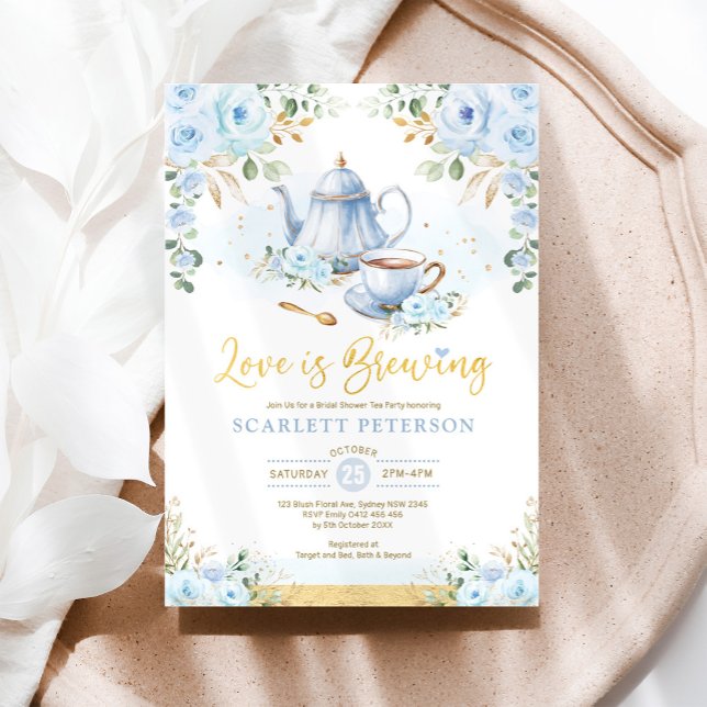 Love is Brewing Soft Blue Flower Bridal Shower Tea Invitation (Creator Uploaded)