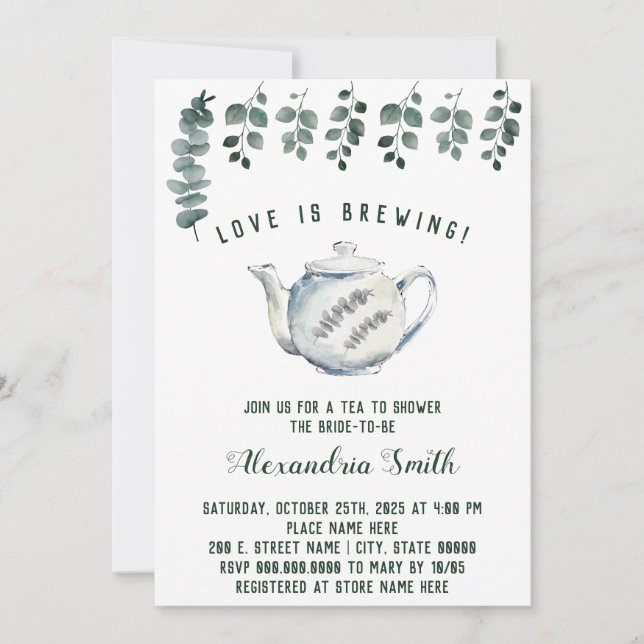Love is Brewing Tea Bridal Shower Eucalyptus Invitation (Front)
