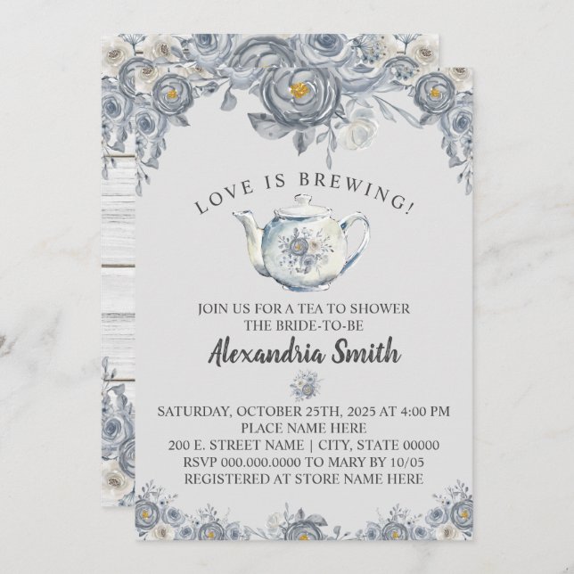 Love is Brewing Tea Bridal Shower Grey Floral Invitation (Front/Back)