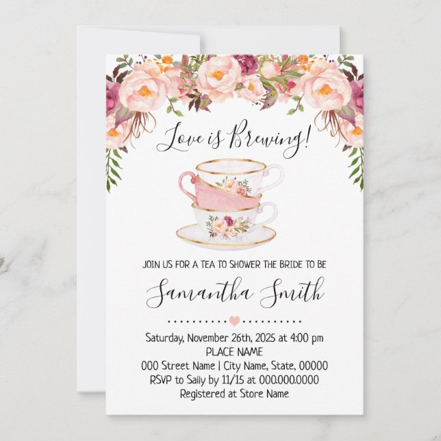 Love is brewing tea bridal shower pink invitation (Front)