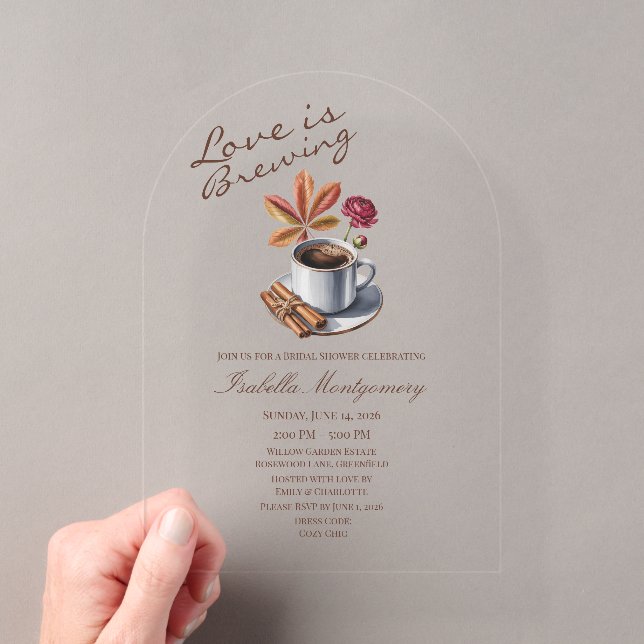 Love Is Brewing Themed Fall Coffee Bridal Shower Acrylic Invitations (Insitu (Handheld))