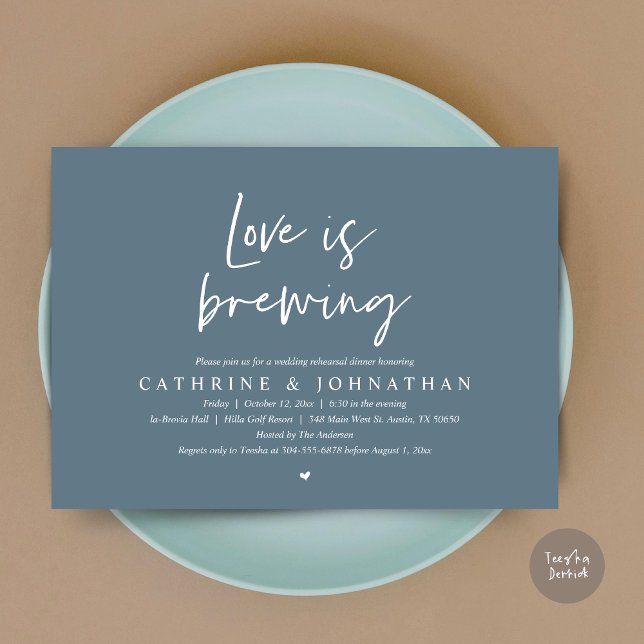 Love is brewing, Wedding Rehearsal Dinner Invitati Invitation (Love is Brewing, Wedding Rehearsal Invitation Card, pdf, Beer Wine Party, in Dusty Blue)
