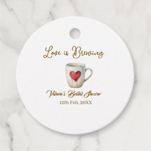 Love is Brewing white coffee mug heart bridal show Favour Tags