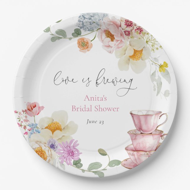 Love is Brewing Wildflower Tea Bridal Shower Paper Plate (Front)
