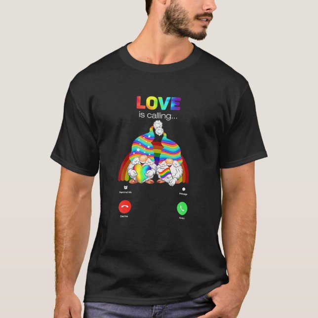 Love Is Calling Couple Gnomes LGBT Lesbian Gay Pri T-Shirt (Front)