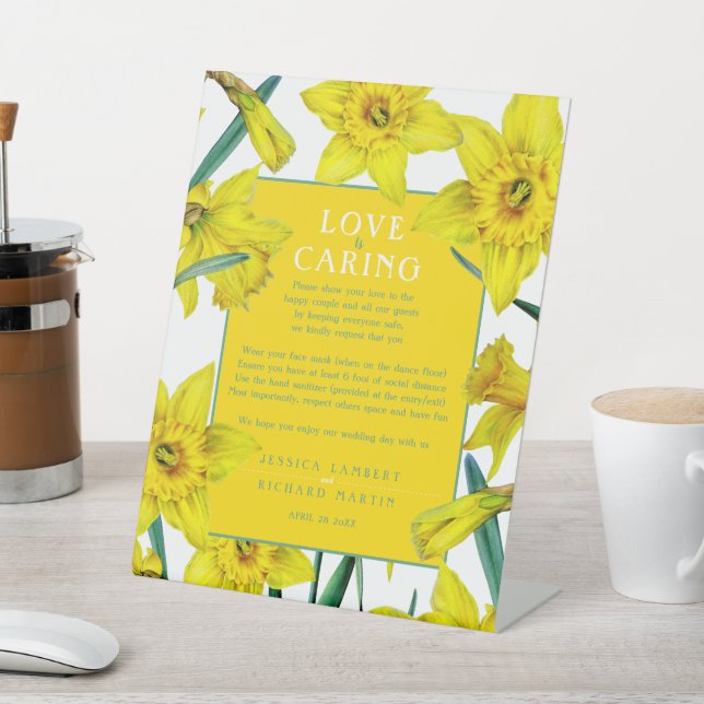 Love is caring yellow spring wedding health pedest pedestal sign (In SItu)