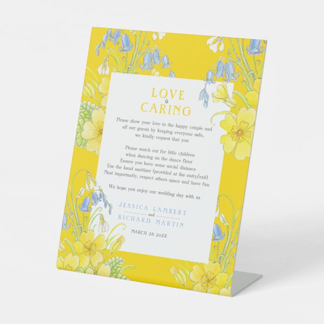 Love is caring yellow spring wedding health pedestal sign (Front)
