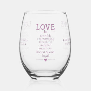 Love Is … custom names & date Stemless Wine Glass