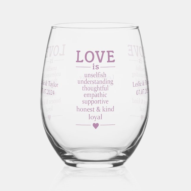 Love Is … custom names & date Stemless Wine Glass (Back)