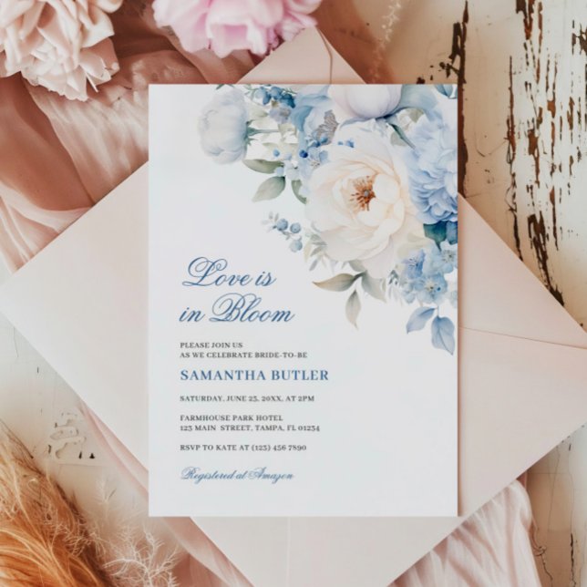 Love is in Bloom Blue Flowers Bridal Shower Invitation (Creator Uploaded)