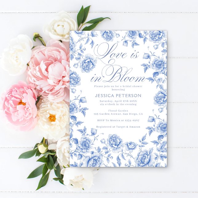 Love Is In Bloom Blue & White Bridal Shower  Invitation (Creator Uploaded)