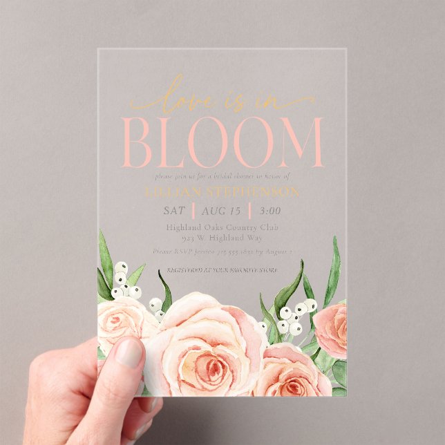 Love Is In Bloom Blush Pink Floral Bridal Shower Acrylic Invitations (Insitu (Handheld))