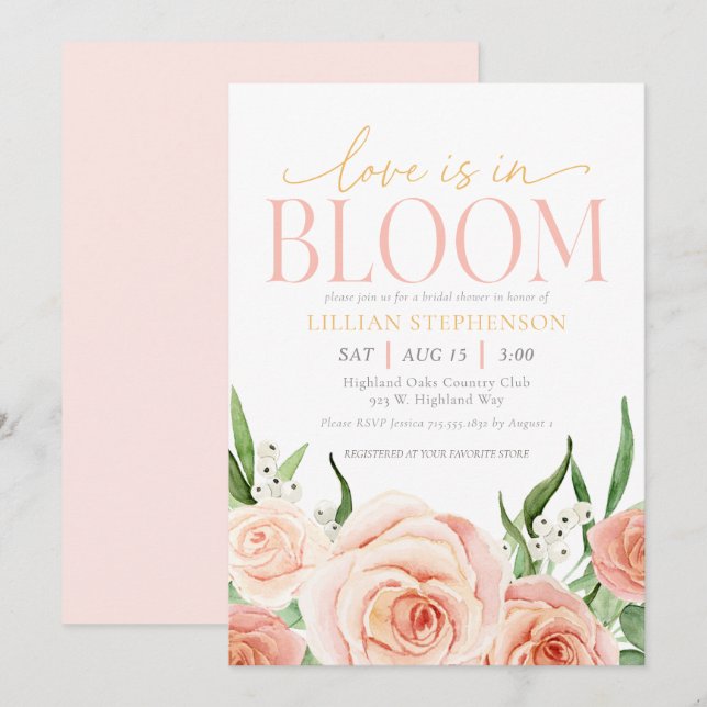 Love Is In Bloom Blush Pink Floral Bridal Shower Invitation (Front/Back)