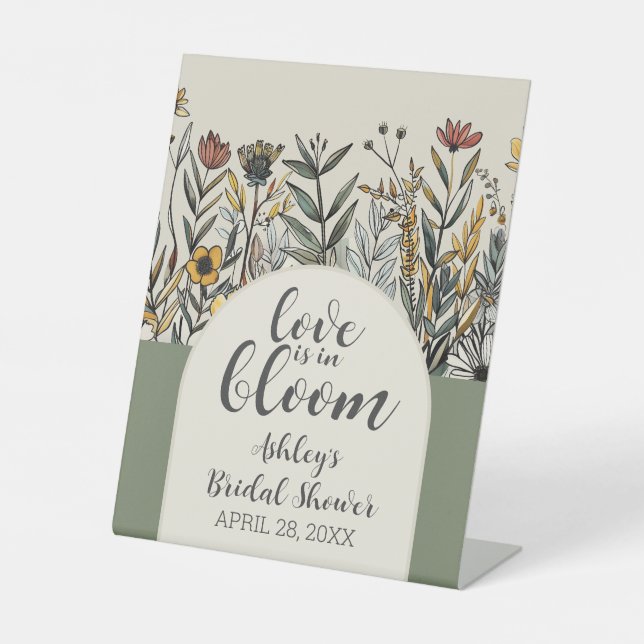 Love is in Bloom - Boho Flowers Bridal Shower Pedestal Sign (Front)