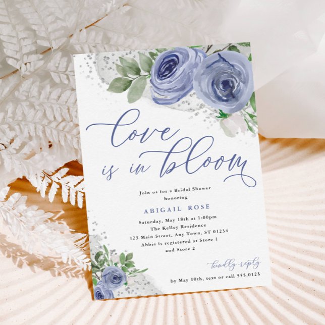 Love is in Bloom Bridal Shower Blue Silver Flowers Invitation (Creator Uploaded)