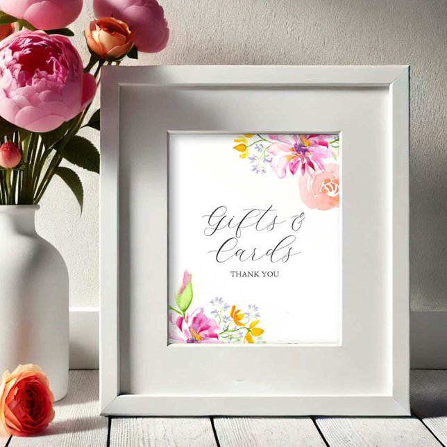 Love is in Bloom Bridal Shower Cards and Gifts Poster (Cards and gifts bridal shower sign watercolor pink and orange flowers by Victoria Grigaliunas )