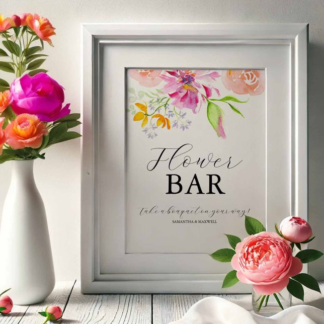 Love Is In Bloom Bridal Shower Flower Bar Sign (Love is in bloom flower bar sign design with pink, orange and purple watercolor by Do Tell A Belle)
