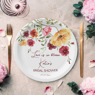 Love is in bloom burgundy flowers bridal shower  paper plate